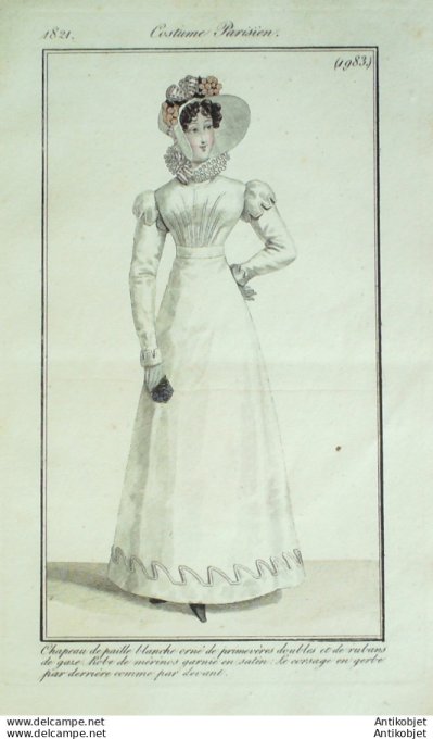 Gravure de mode Costume Parisien 1821 n°1983 Robe de Mérinos garnie de satin