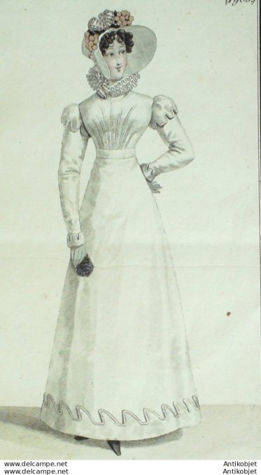 Gravure de mode Costume Parisien 1821 n°1983 Robe de Mérinos garnie de satin