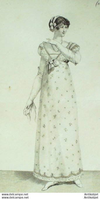 Gravure de mode Costume Parisien 1810 n°1054 Robe de tulle brodé d'or