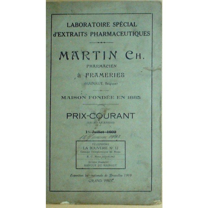 Catalogue MARTIN HAINAUT laboratoire BELGIQUE 1910