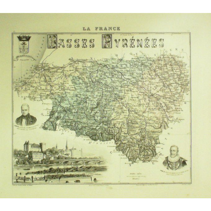 Carte BASSES PYRENEES (64) PAU Graveur LECOQ WALTNER BARBIER 1868