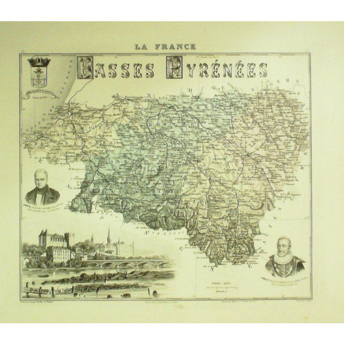 Carte Basses Pyrenees (64) Pau Graveur Lecoq Waltner Barbier 1868