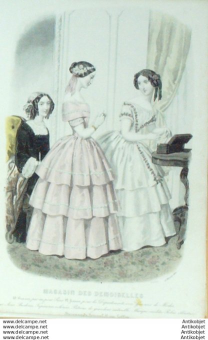 Gravure Mode Magasin Demoiselles 1851 #  2 (aquarellee Old Fashion plate)