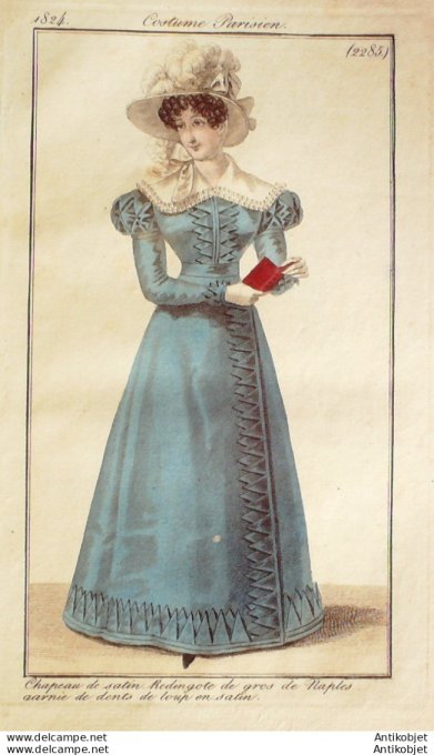 Gravure de mode Costume Parisien 1824 n°2285 Redingote gros de Naples