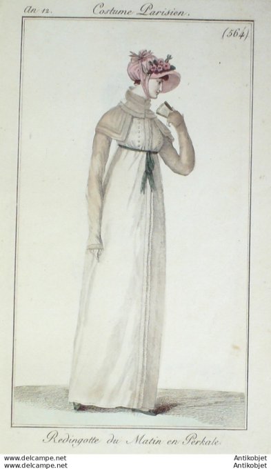Gravure de mode Costume Parisien 1804 n° 564 (An 12) Redingote du matin en Perkale
