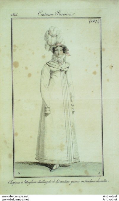 Gravure de mode Costume Parisien 1815 n°1517 Redingote Lévantine garnie de satin