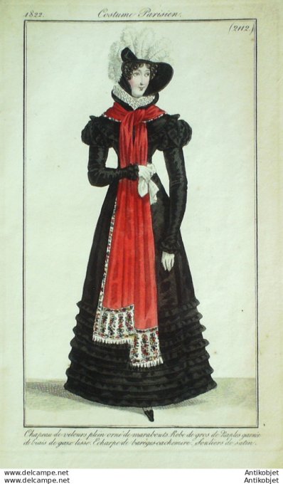 Gravure de mode Costume Parisien 1822 n°2112 Robe gros de Naples biais de gaze
