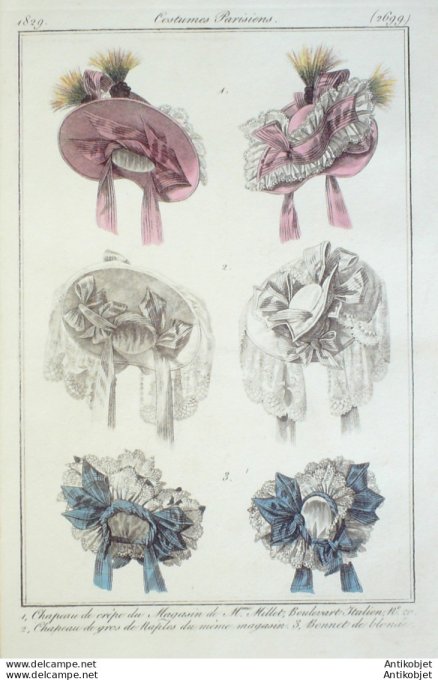 Costume Parisien 1829 # 2699 Chapeaux crêpe gros de Naples
