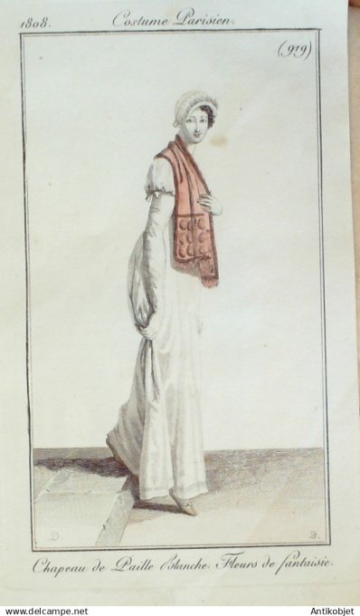 Costume Parisien 1808 # 919 (eau forte) Chapeau de paille blanche fleurs