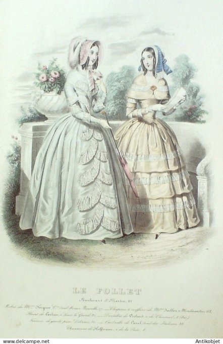 Gravure Mode Le Follet 1843 # 1255 (aquarelle Old Fashion plate)