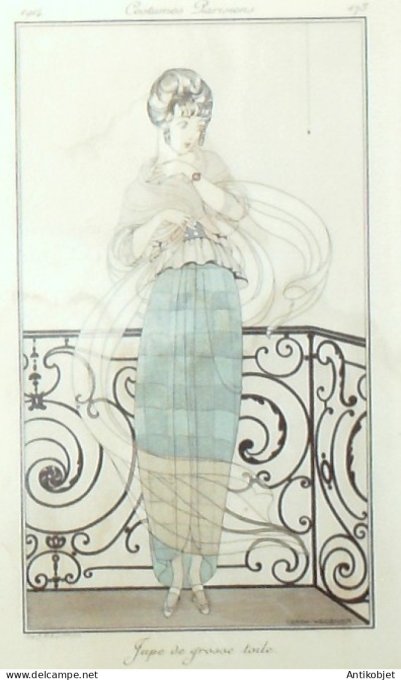 Gravure de mode Costume Parisien 1914 pl.173b WEGENER Gerda Jupe de toile