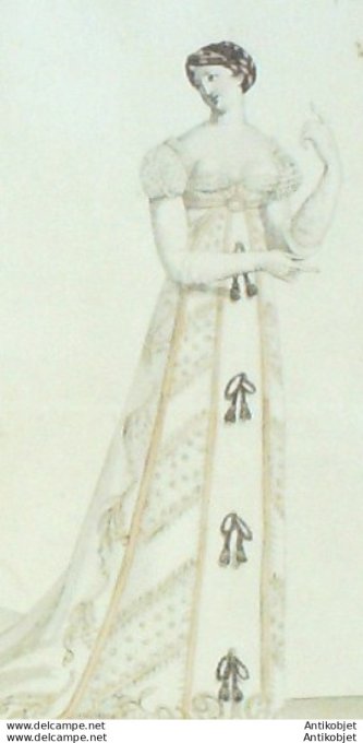 Gravure de mode Costume Parisien 1810 n°1055 Robe et manteau de Cour