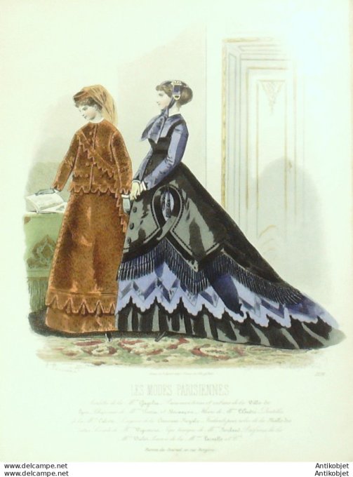 Gravure Les Modes Parisiennes 1865 #1291 Robe popeline Maison Cagelin