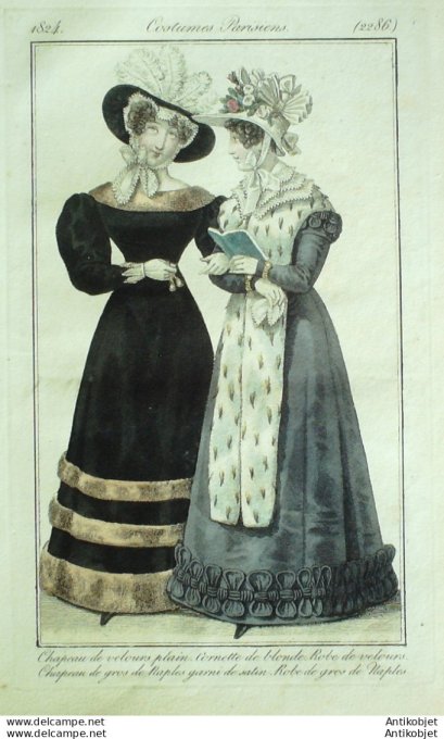 Gravure de mode Costume Parisien 1824 n°2286 Cornette de blonde  Robe velours