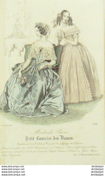 Gravure Mode Courrier des Dames 1842 # 1874 (eau forte old Fashion plate)