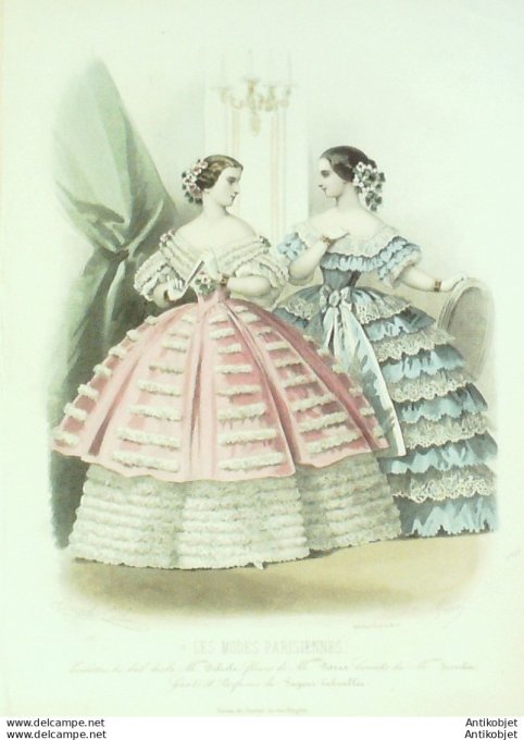 Gravure Les Modes Parisiennes 1857 # 766 Robes de bal Maison Delisle