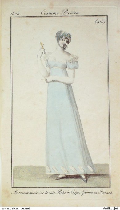 Costume Parisien 1808 # 918 (eau forte) Robe de crêpe & rubans