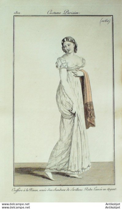 Gravure de mode Costume Parisien 1810 n°1060 Robe lamée en argent