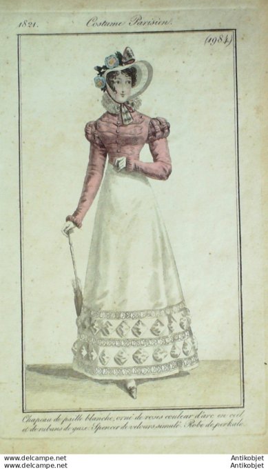 Gravure de mode Costume Parisien 1821 n°1984 Spencer velours Robe Perkale