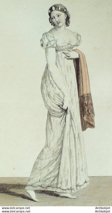 Gravure de mode Costume Parisien 1810 n°1060 Robe lamée en argent