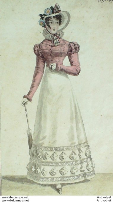 Gravure de mode Costume Parisien 1821 n°1984 Spencer velours Robe Perkale