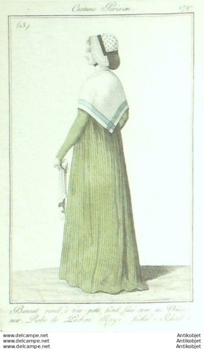 Gravure Mode Costume Parisien 1797 an  5 #  13 (eau forte old Fashion plate