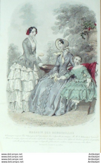Gravure Mode Magasin Demoiselles 1851 #  7 (aquarellee Old Fashion plate)