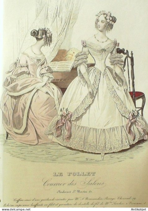 Gravure Mode Le Follet 1841 # 644 (aquarelle Old Fashion plate)