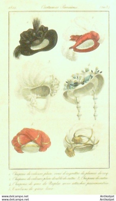 Costume Parisien 1822 # 2113 Chapeaux turbans velours et Naples