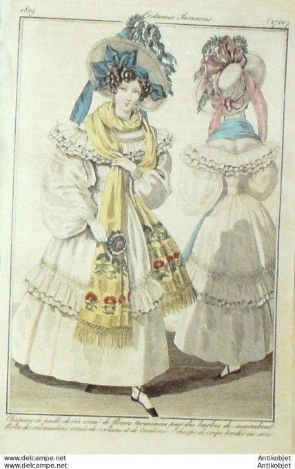 Gravure de mode Costume Parisien 1829 n°2700 Robe mousseline rubans