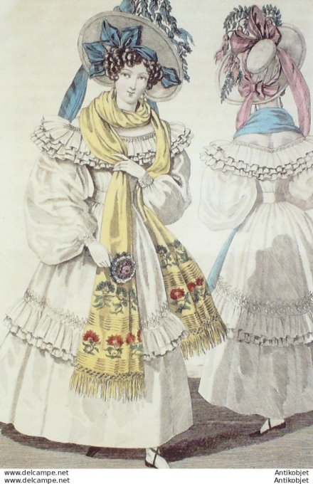 Gravure de mode Costume Parisien 1829 n°2700 Robe mousseline rubans
