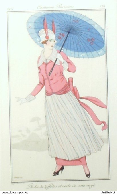 Gravure de mode Costume Parisien 1914 pl.174 LORENZI Fabius-Robe de taffetas