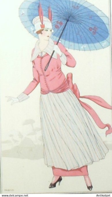 Gravure de mode Costume Parisien 1914 pl.174 LORENZI Fabius-Robe de taffetas