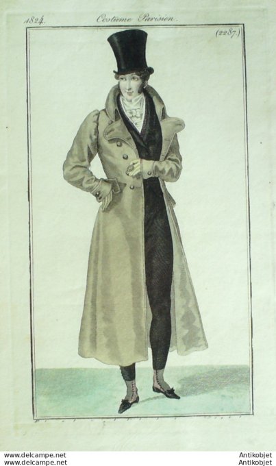 Gravure de mode Costume Parisien 1824 n°2287 Redingote homme castorine