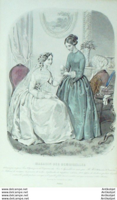 Gravure Mode Magasin Demoiselles 1851 #  3 (aquarellee Old Fashion plate)