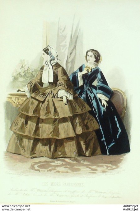Gravure Les Modes Parisiennes 1858 # 767 Robes en tissu Maison Minette