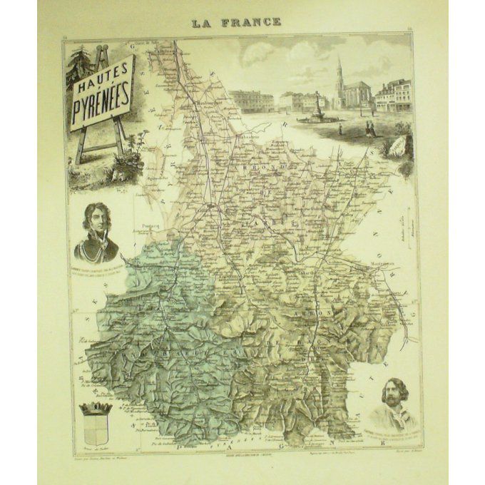Carte Hautes Pyrenees (65) Tarbes Graveur Lecoq Waltner Barbier 1868