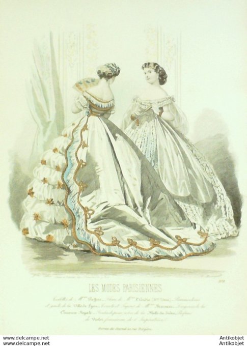 Gravure Les Modes Parisiennes 1865 #1178 Robes de bal Maison Pieffort