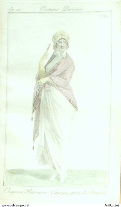 Costume Parisien 1802 an 10 # 381b (eau forte) Chapeau retroussé Canezou