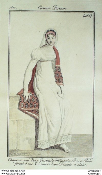 Gravure de mode Costume Parisien 1810 n°1065 Robe formée d'une torsade
