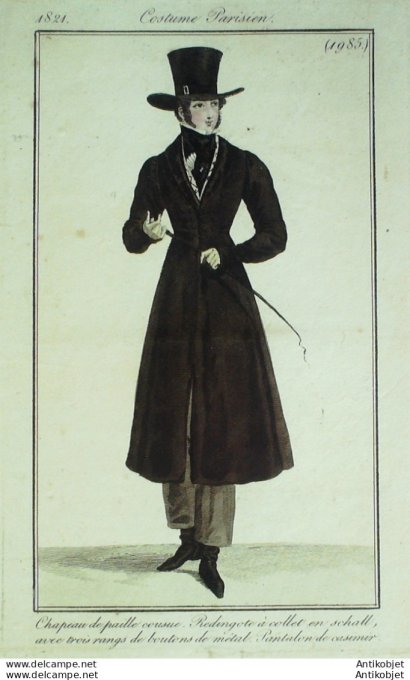 Gravure de mode Costume Parisien 1821 n°1985 Redingote à collet Homme en schall