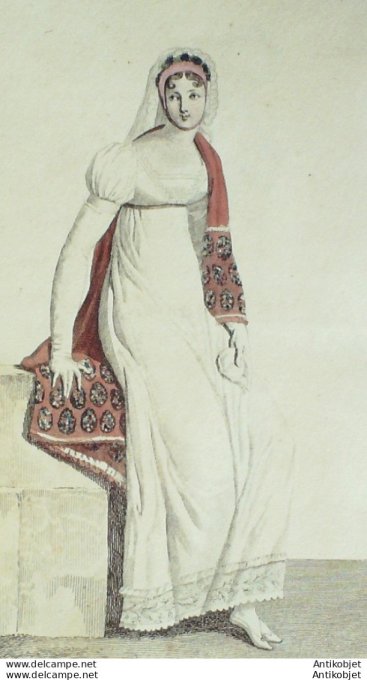Gravure de mode Costume Parisien 1810 n°1065 Robe formée d'une torsade