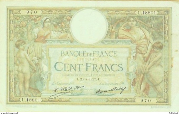 Billet Banque de France 100 francs Luc Olivier Merson Grands Cartouches J20=8=1927 TTB+++