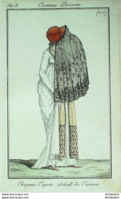 Gravure de mode Costume Parisien 1799 n°175 (An 8) Schall de Casimir