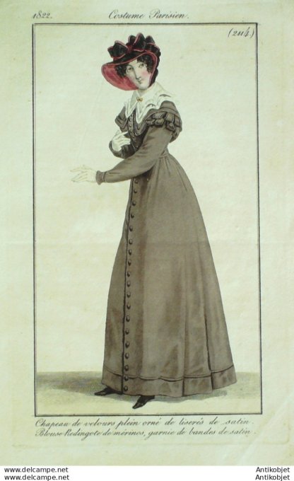 Gravure de mode Costume Parisien 1822 n°2114 Redingote mérinos bandes de satin