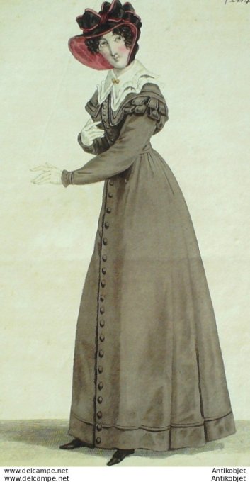 Gravure de mode Costume Parisien 1822 n°2114 Redingote mérinos bandes de satin