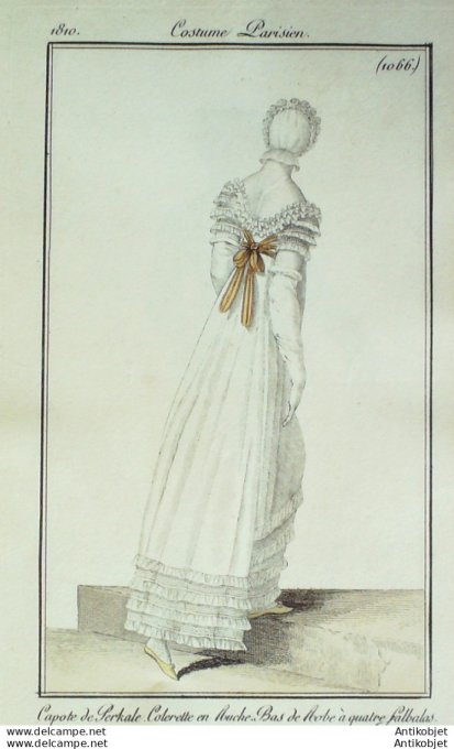Gravure de mode Costume Parisien 1810 n°1066 Bas de robe à quatre Falbalas