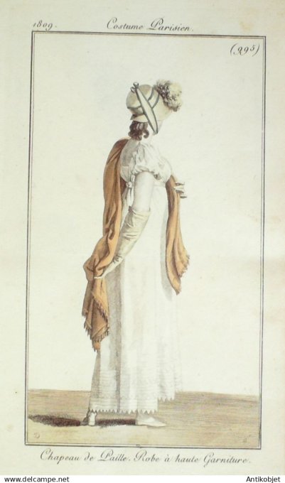 Costume Parisien 1809 # 995  (eau forte) Robe à  haute garniture