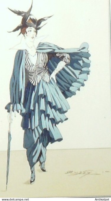 Gravure de mode Costume Parisien 1914 pl.175 BUSSY-Robe et cape de crêpe