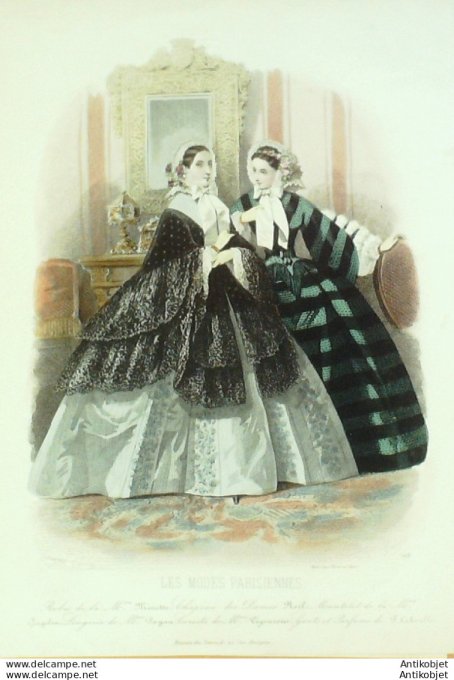 Gravure de mode Les modes parisiennes 1858 n° 768 Robes velours (Maison Minette)